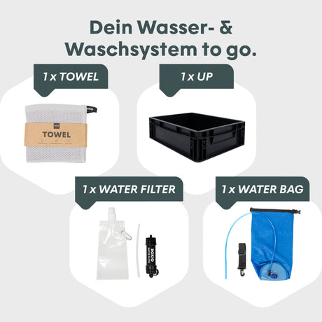 Wasser- und Waschsäule mit Handtuch, schwarzer Box, Wasserfilter und blauer Wasserbeutel zur Nutzung unterwegs.