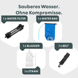 Wasserfilter, Wasserbeutel, Trinkblase, Trinkhalm und Gürtel im Überblick für sauberes Wasser unterwegs.