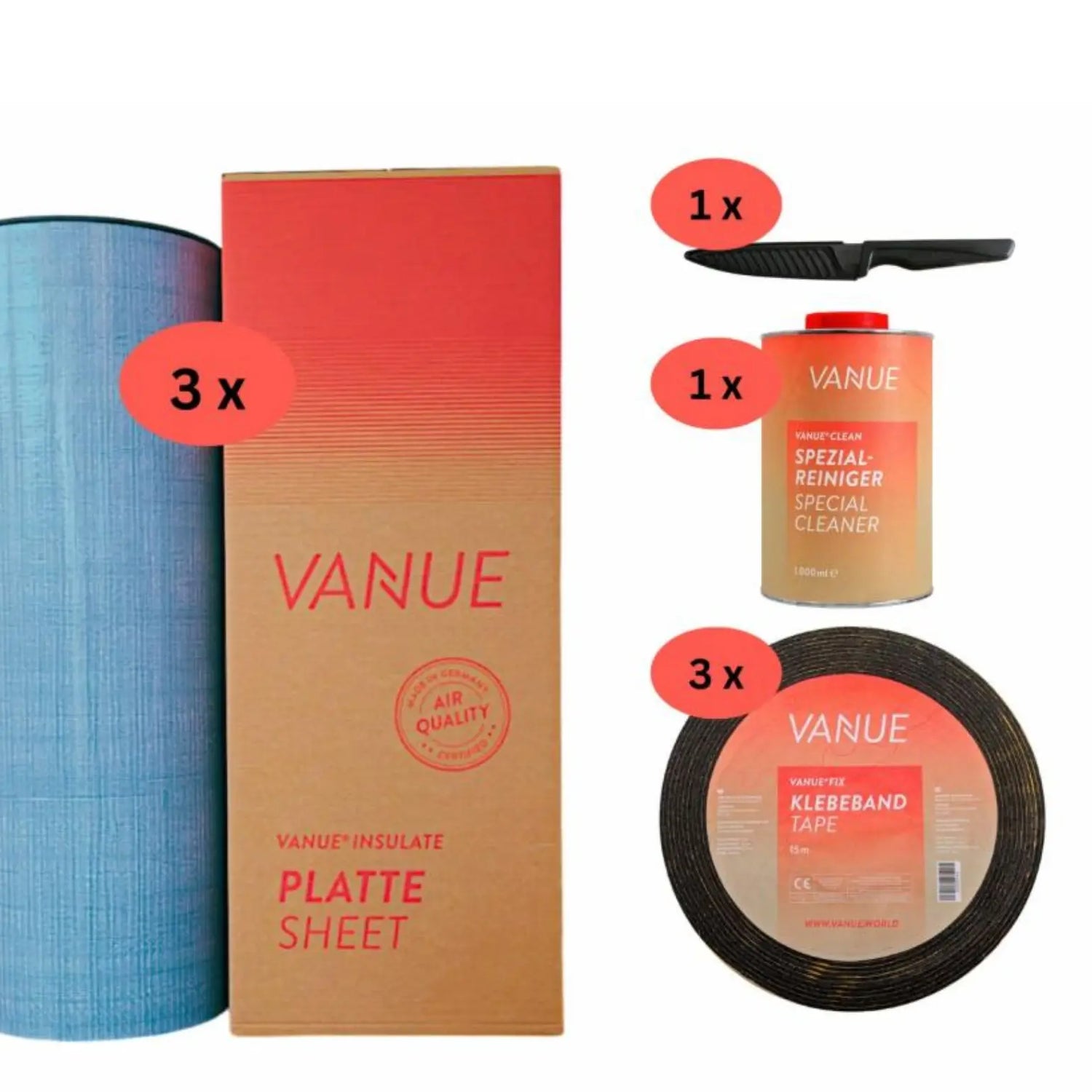 VANUE DIY SET verschiedene Größen - selbstklebende Dämmung 19mm + Dämmklebeband VANUE