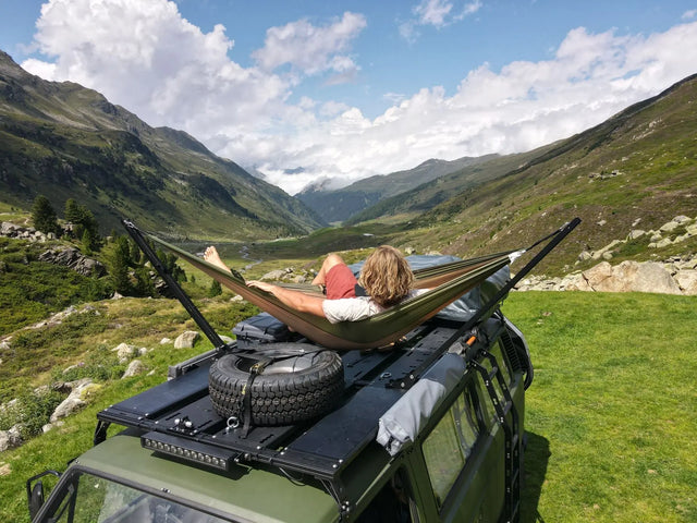 Hängemattenhalter für Dachträger - passt für Rolling Space, Rhino Rack, Frontrunner, SpaceMock, Nuten profil N8, Nutenschiene und andere Rolling Space